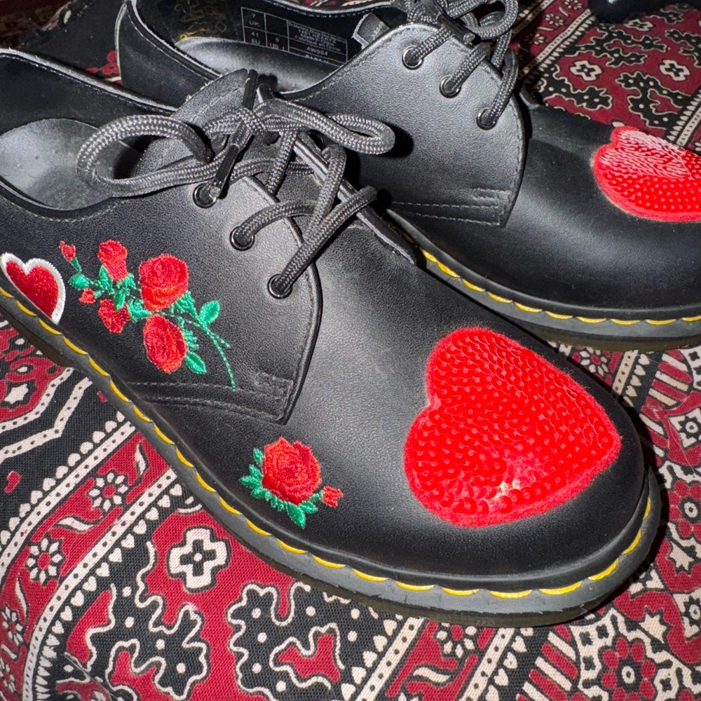Dr. Martens Black Flats with Red Heart Embroidery